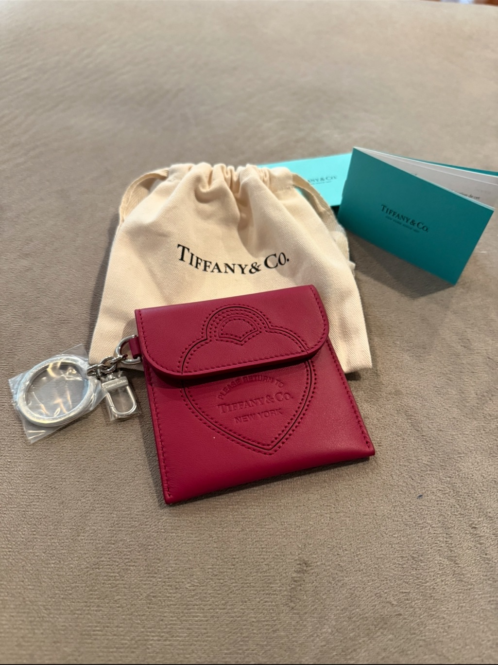 Tiffany & Co. Raspberry Pink Leather Heart-Embossed Card Holder Keyring